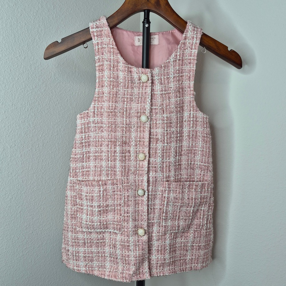 Biscotti Girls Pink Tweed Button Front Jumper Dress Size 4 Academia Retro Glam